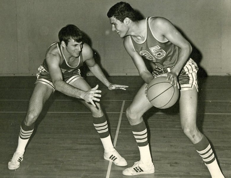 Jay Inslee (right) playing basketball as a teenager. Photo: The Seattle Times