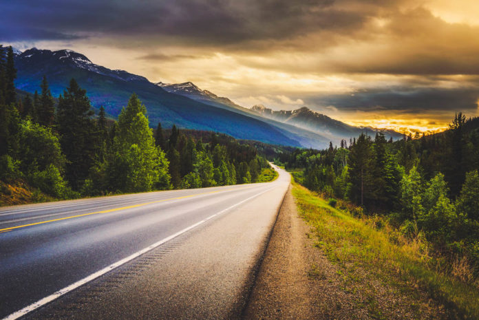 Scenic Icefields Pkwy in Banff National Park at sunset