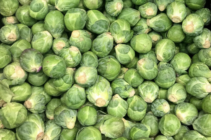 Brussels sprout piled on the market stall. Green vegetables